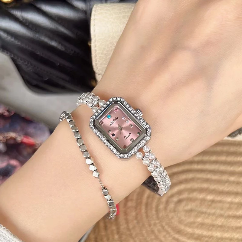 

Premium Selection Of WatchesSquare Women'S Watch With Pearl DialMini Bracelet High-End Seven-Color Stone Fashionable Silver Pink