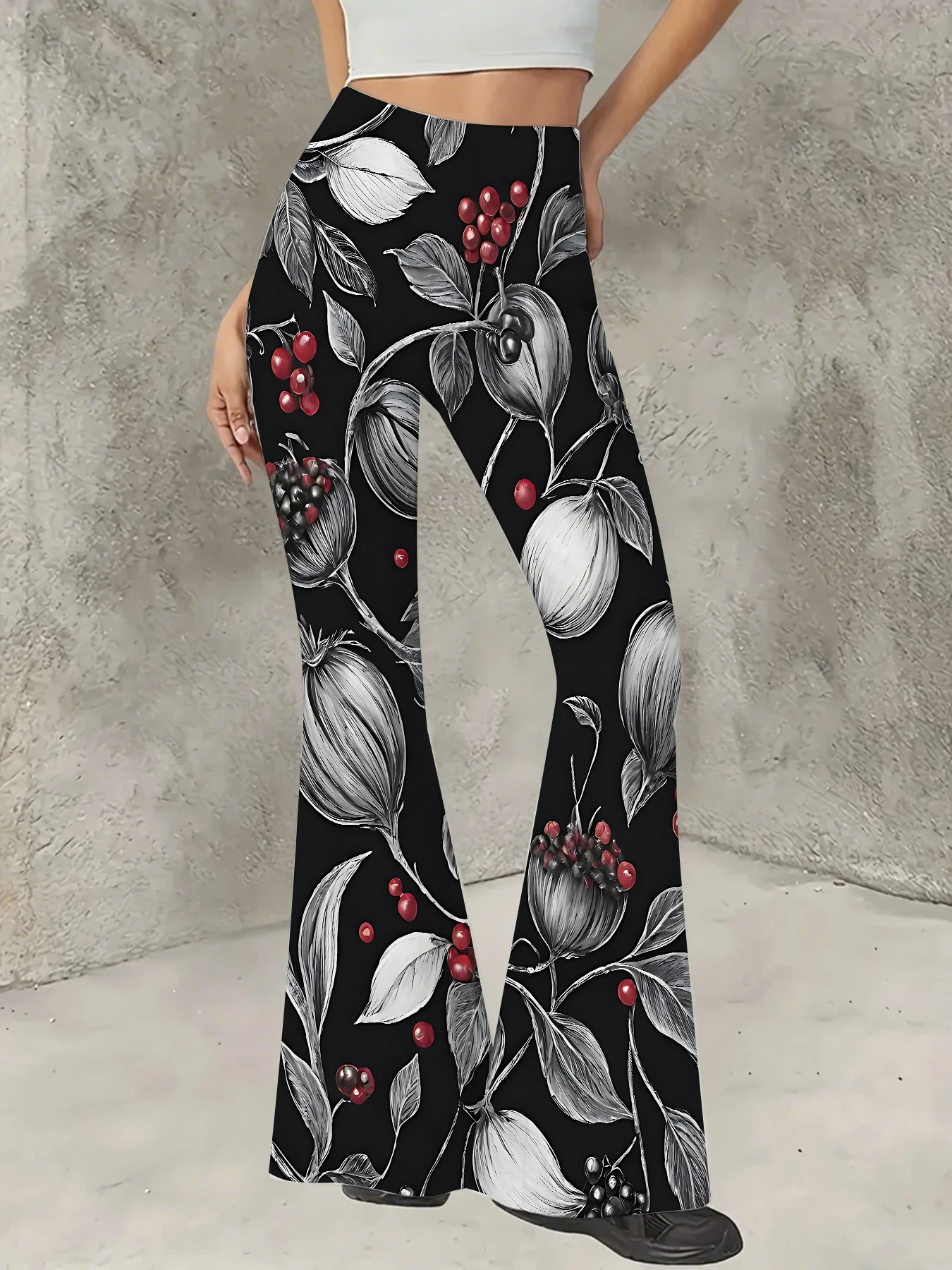 

Korean Style Printed Flare Pants Women High Waist Slim Fit Bell Bottom Leggings