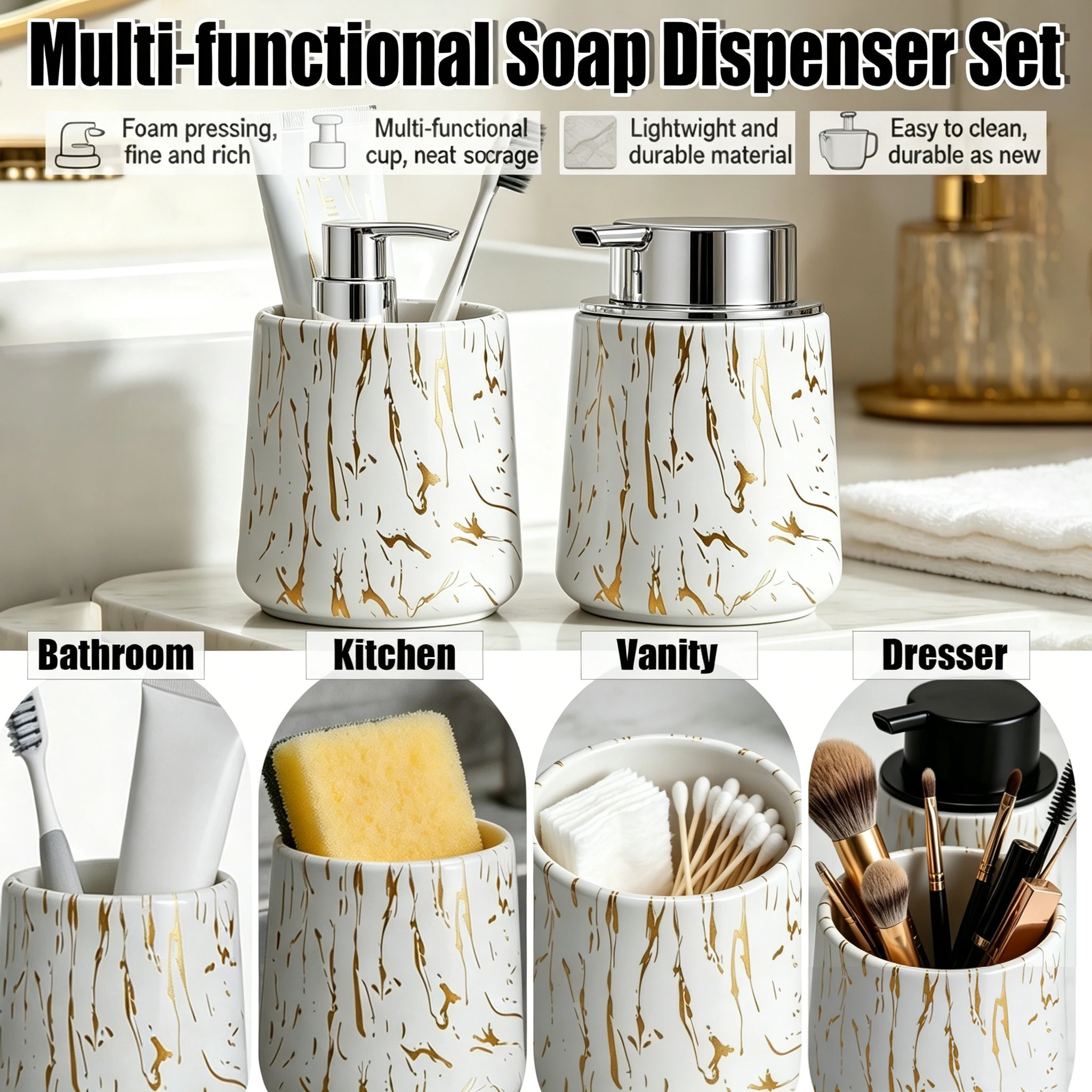 Elegant Bathroom Foam Soap Dispenser and Toothbrush Holder, Kitchen Dish Soap Dispenser & Organizer Cup for Home Decor view 5