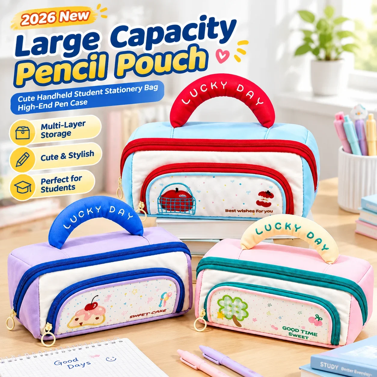 2026 New Multi-Layer Large Capacity Pencil Pouch Cute Handheld Student Stationery Bag High-End Pen Case