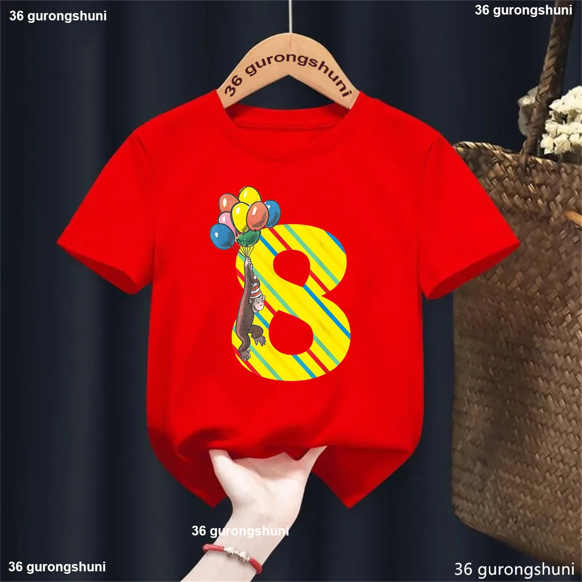 

Happy Birthday 7th/8th Curious George Printed Tshirt Girls/Boys Funny Kawaii Kids Clothes Monkey With Balloon Solid T-Shirt Tops