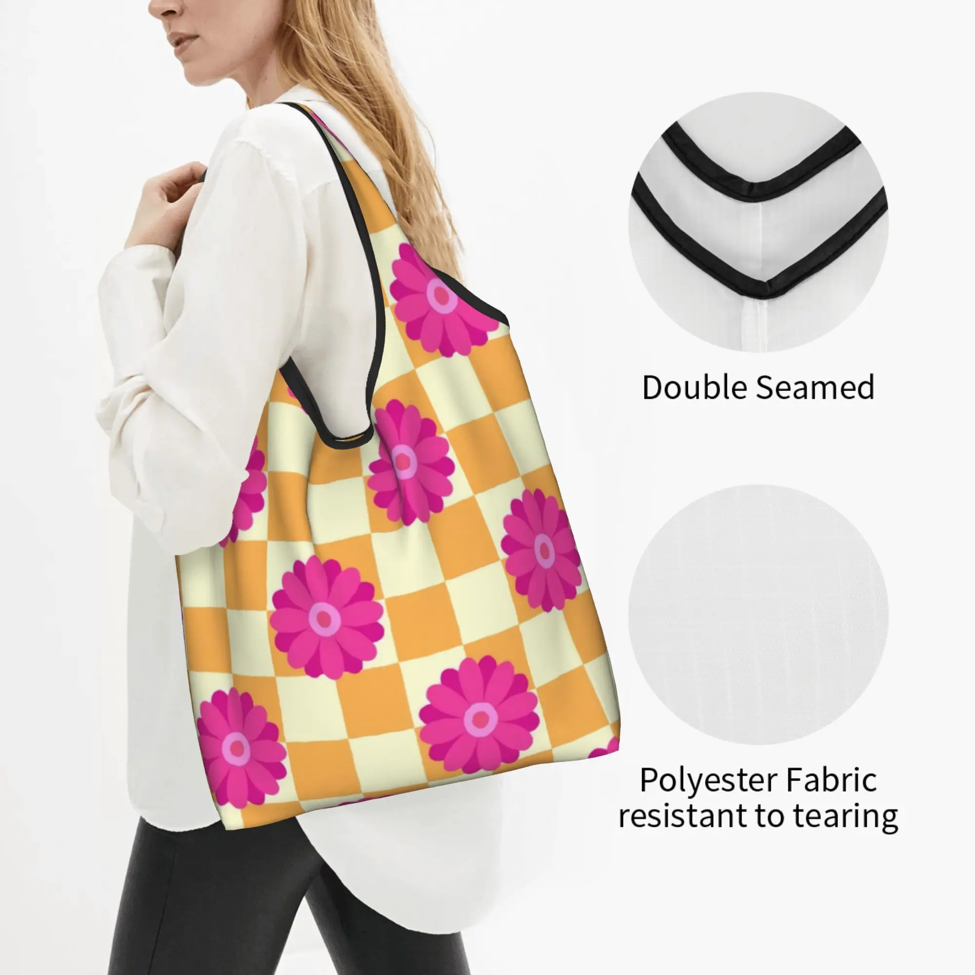 Reusable Sunflower Daisy Mustard  Shopping Bag Women Tote Bag Portable Checkerboard And Pink Floral  Groceries Shopper Bags