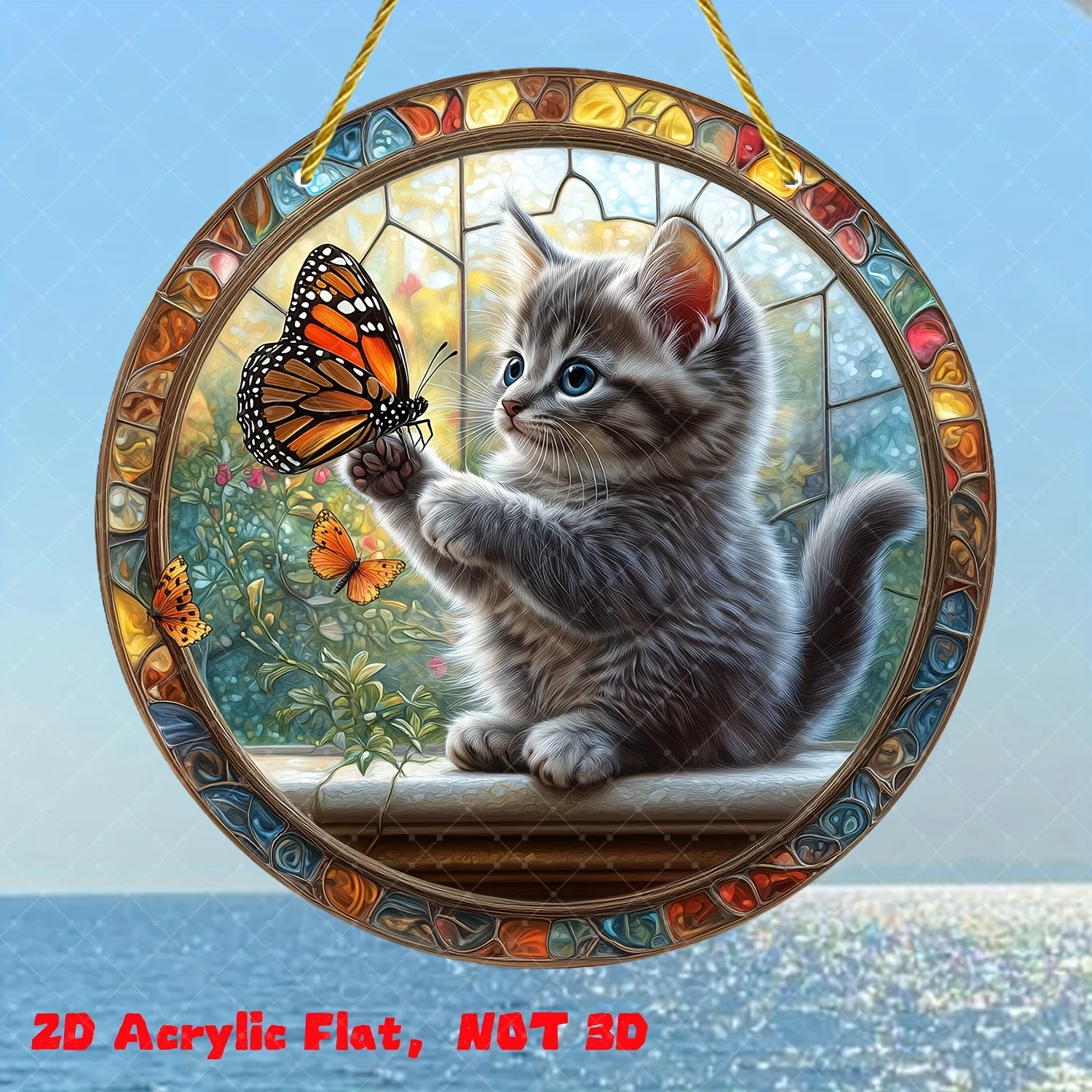 2D Flach, 1 Stück, Acryl-Material Kätzchen und Schmetterling beim Spielen, 20 cm * 20 cm, Sonnenfänger, Buntglas-Hängefensterdekoration