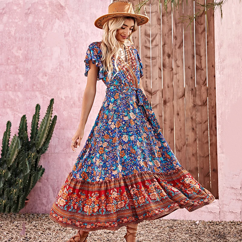 Ardm Elegante V-ausschnitt Floral Print Sommer Kleider Für Frauen 2022 Vintage Kurzarm Strand Midi Kleid Boho Urlaub Partei kleid