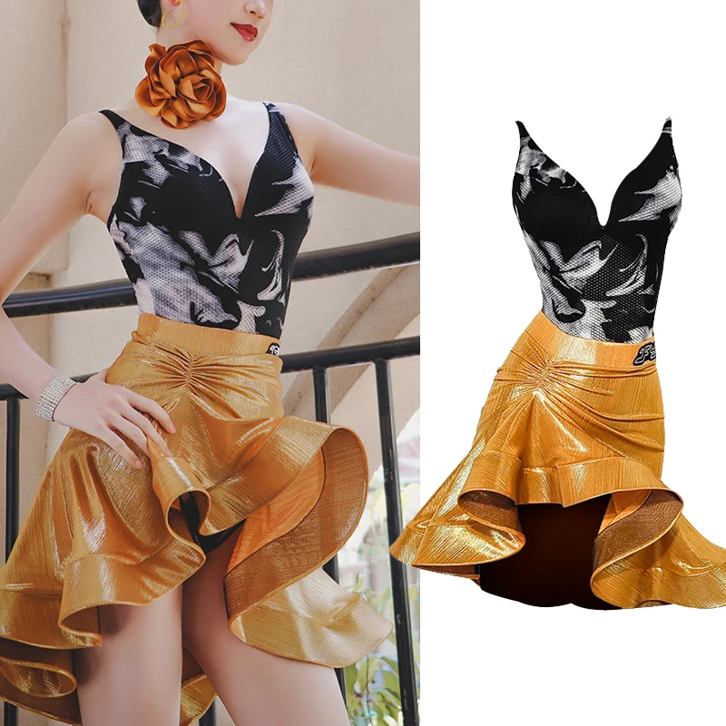 

2025 New Latin Dance Performance Costumes For Women Sexy Print Jumpsuit Yellow Skirts Suit Chacha Samba Latin Dress Wear DN20998