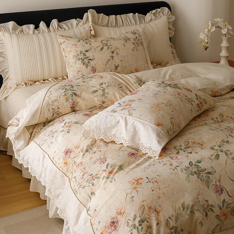 AIWINSURE-Romantic Bedding Set Cotton, Queen King Size, Duvet Cover Set, 4 Pcs, with Lace Ruffle Bedspread and 2 Pillowcases