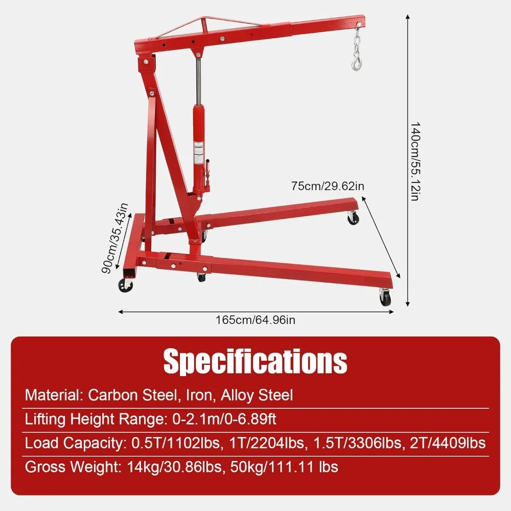Engine Hoist, 2 Ton Engine Hoist, Folding hydraulic crane lift, Heavy-duty hydraulic engine crane with 6 casters