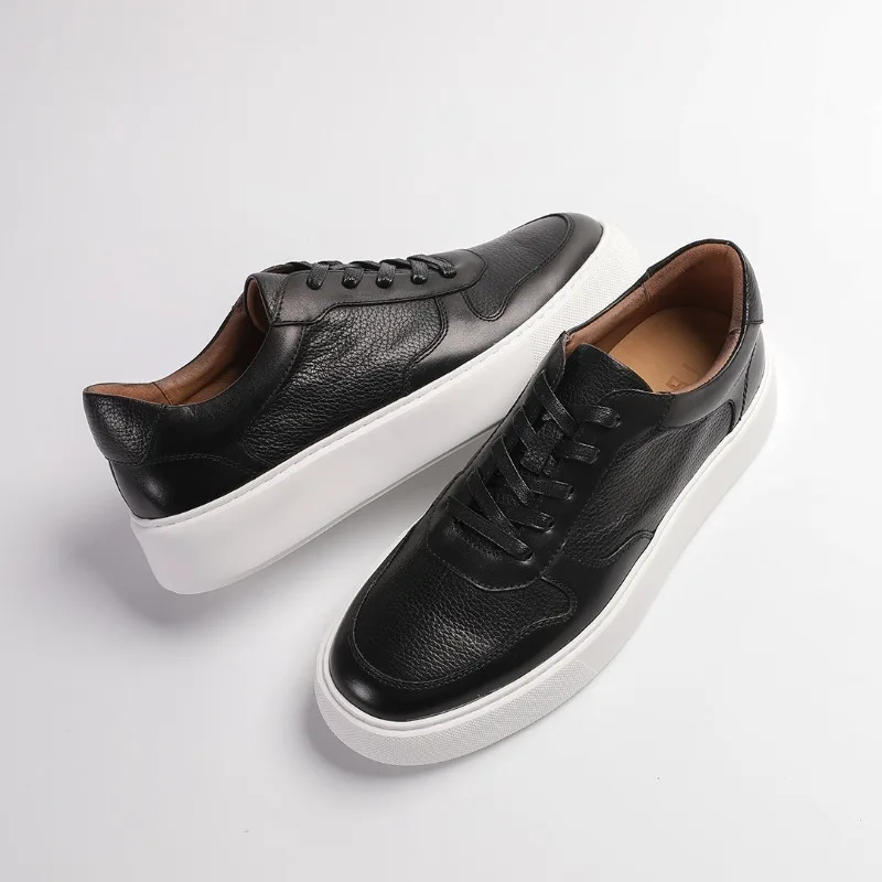 Handmade First-layer Cowhide Men's Casual Shoes Lychee Pattern Weave Thick-soled Retro Polished Color Breathable Trendy Sneaker