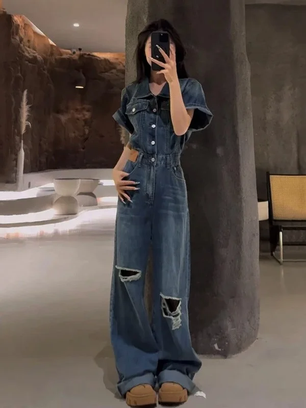 

Hong Kong Retro Ruffle Svel Rer Women's Summer Design Sense Hole Waist in Jeans Dr Pants Floor-Length Pants