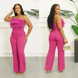 Fashion Women's Set Feather Splicing Crop Top and Wide Leg Pants 2024 Street Vintage Two 2 Piece Sets Outfits Tracksuit