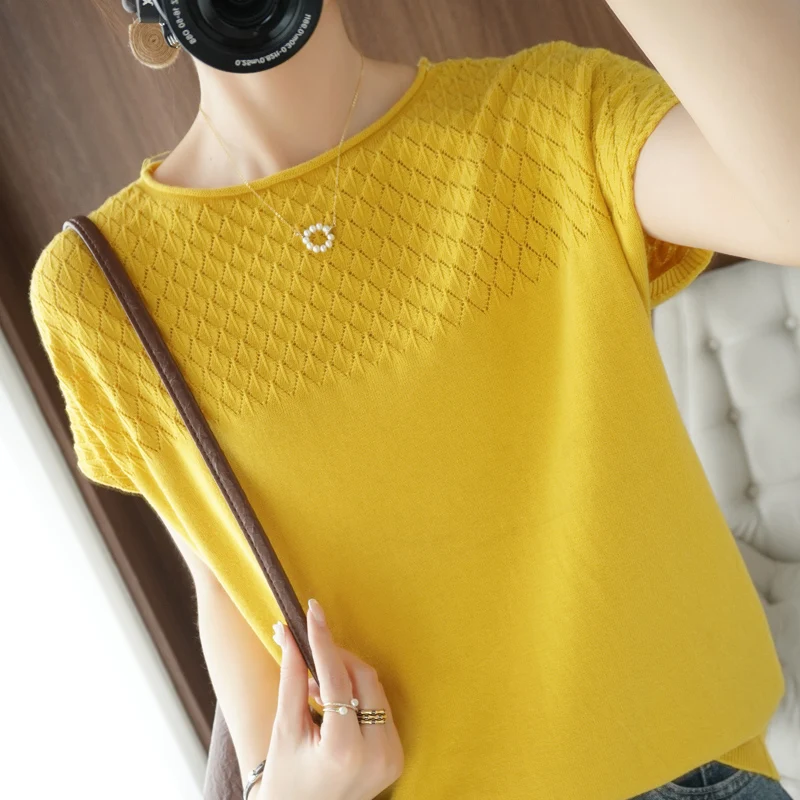 

Summer Ladies New Round Neck Knitted T-Shirt Loose Fashion Hollow Cotton And Linen Pullover Casual Solid Color Short-Sleeved Top