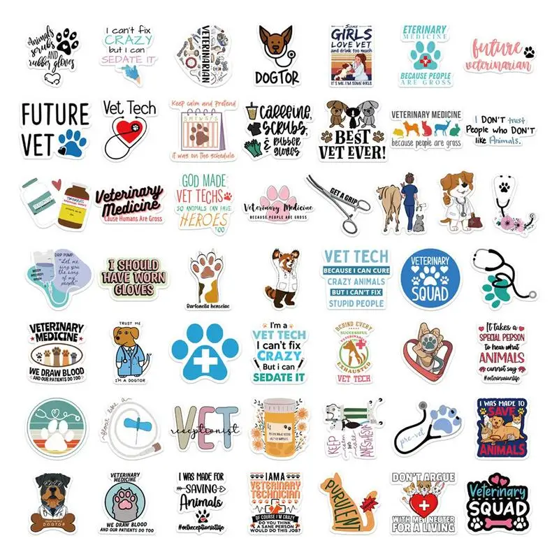 Veterinary Stickers Cute Veterinary Decals Vet Doctor Notebook Material Stickers 50 PCS Waterproof Decals Laptop Accessories For