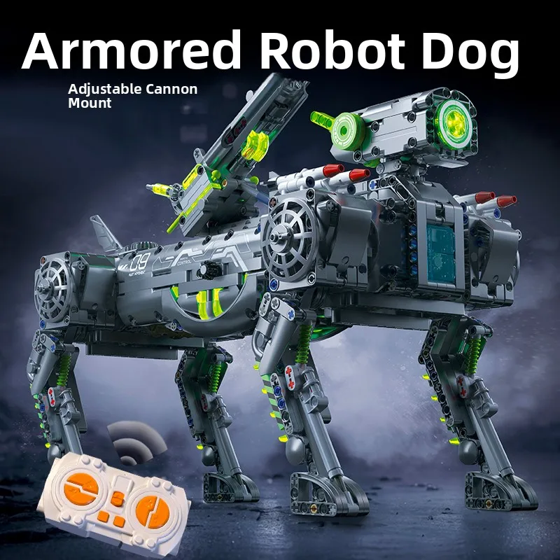 

Military mechanical dog assembly building block model, movable lifting turret, optional power group, cool desktop decoration