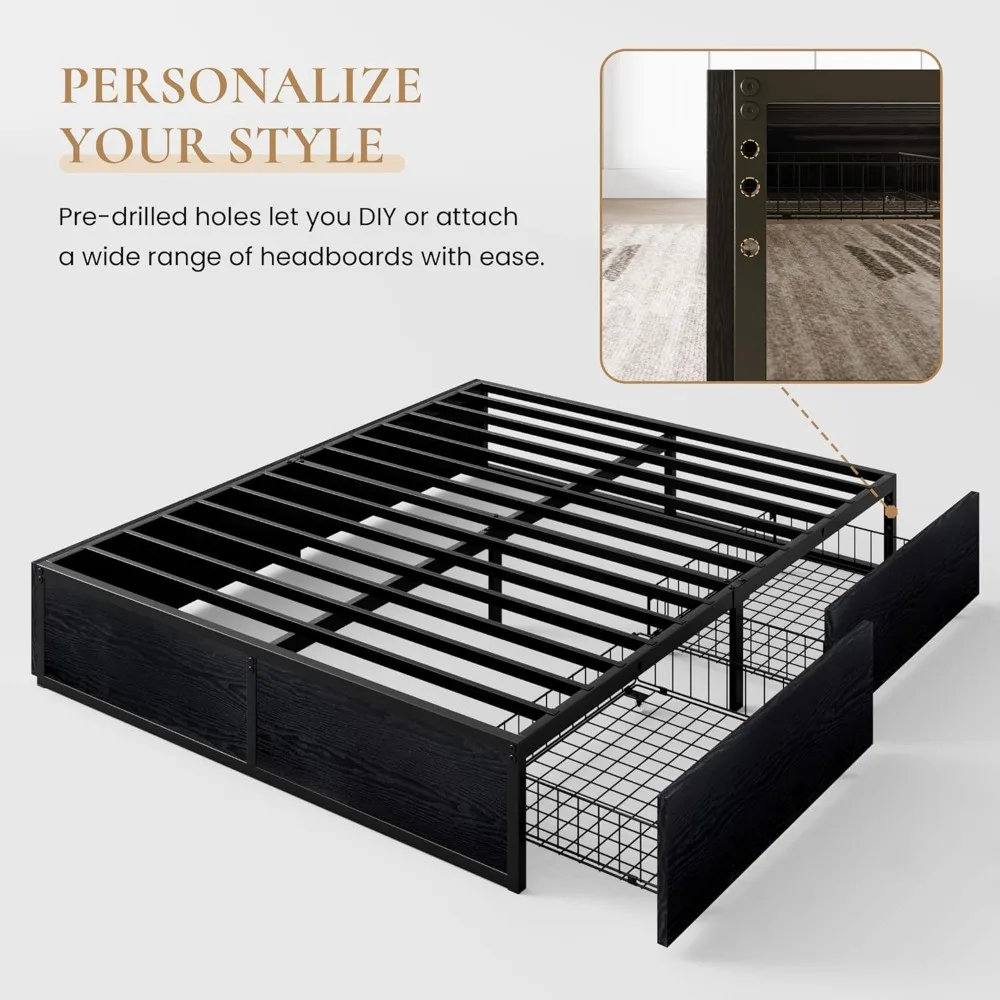 Queen Platform Bed Frame with 2 Large Storage Drawers, Noise-Free, Easy Assembly, No Box Spring Needed, Bed frame with storage