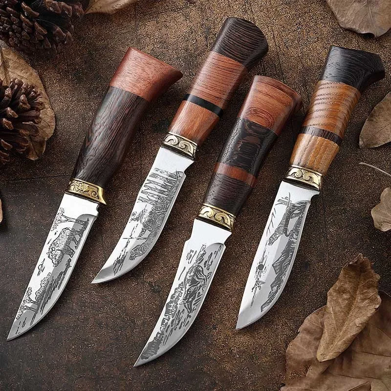 4CR13 Stainless Steel Animal Print Sharp Fixed Blade Knife Wood Handle Outdoor Camping Hunting Knives Hand Tools With Nylon Bag