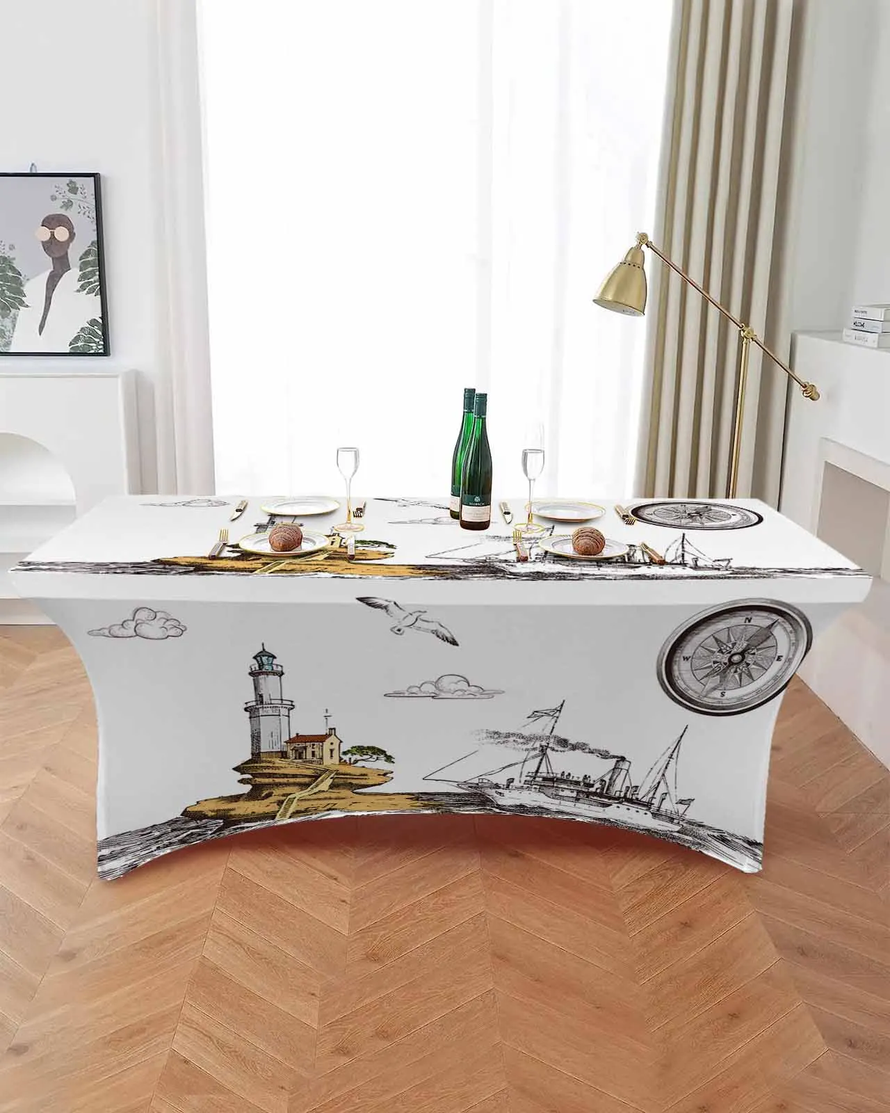 Retro Illustration Lighthouse Sailing Ship Rectangular Elastic Table Skirt Wedding Table Cover Kitchen Dining Table Tablecloth