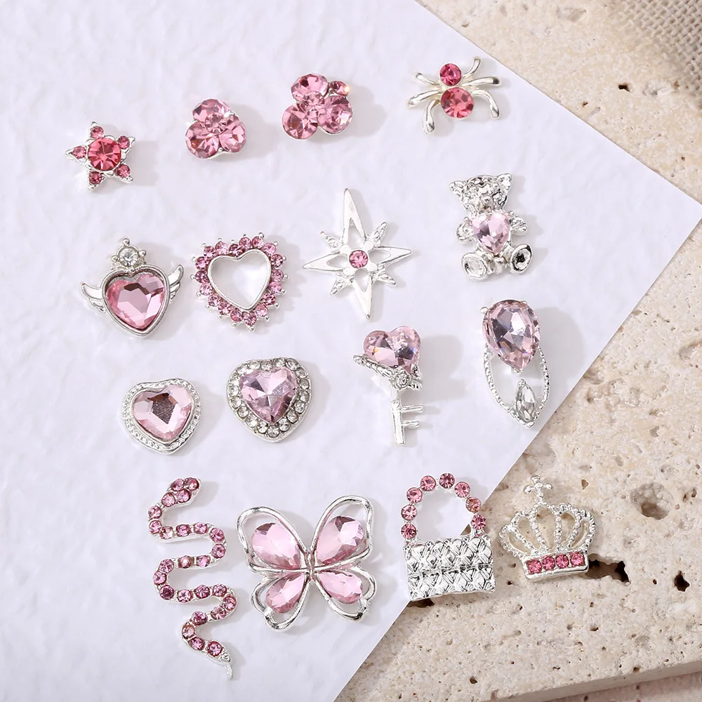 1 paquet de 20 à 80 pièces 3D papillon coeur et diamant rose formes Nail Art luxe strass alliage métallique bricolage accessoires fournitures d'art des ongles