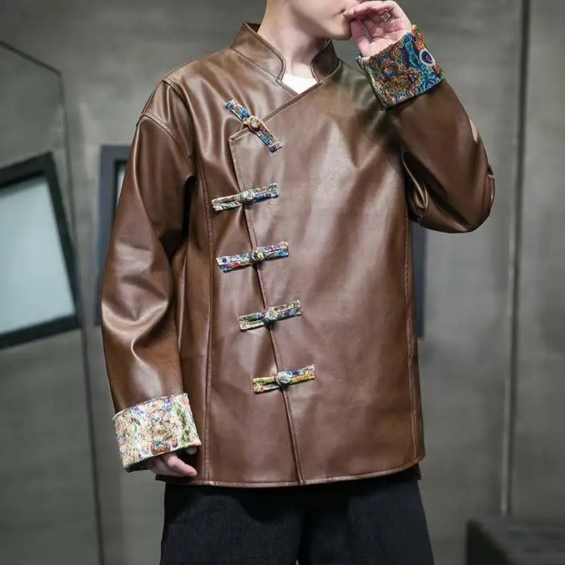 2026 New Chinese Style PU Jacket Men's Upgraded National Style Button Coat Vintage Casual Fahsion Mandarian Tops Large Male