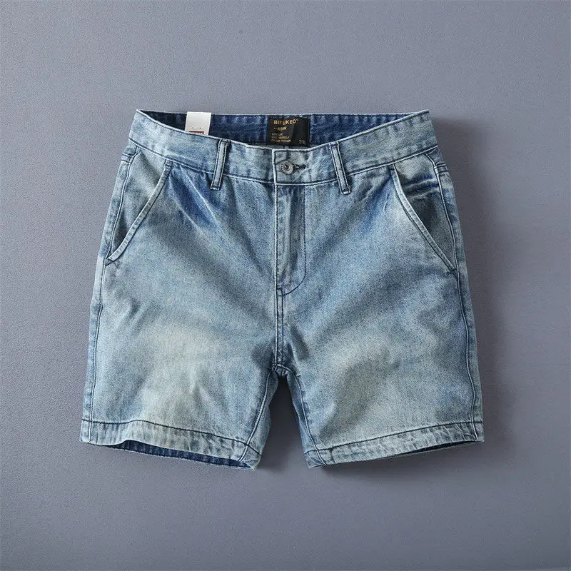 Men's Denim Shorts Vintage Style Washed Straight Fit Denim Shorts Summer Hot Trendy Korean Casual Pants for Men Short Pants