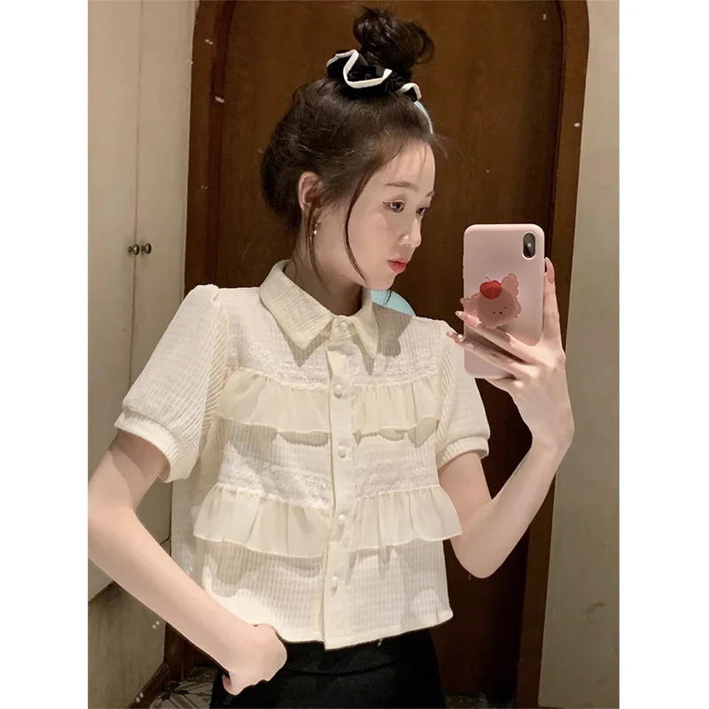 

Women's Clothing Elegant Ruffles Patchwork Solid Color Short Sleeve Shirt Summer Fashion Puff Sleeve Loose Sweet Tops