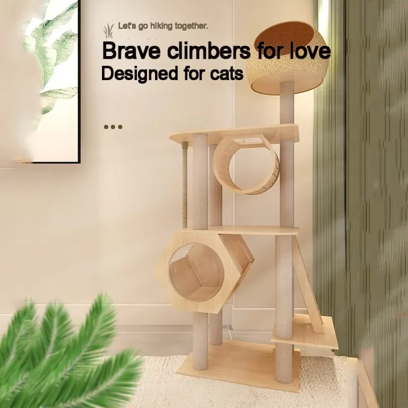 Original Luxury Wooden Cat Tree with Transparent Space Capsule, Multi-Level Cat Playground & Scratching Posts