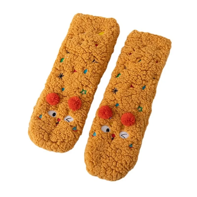 Autumn and winter new cartoon embroidered animal women's socks lamb wool thickened home non-slip socks foot warmers