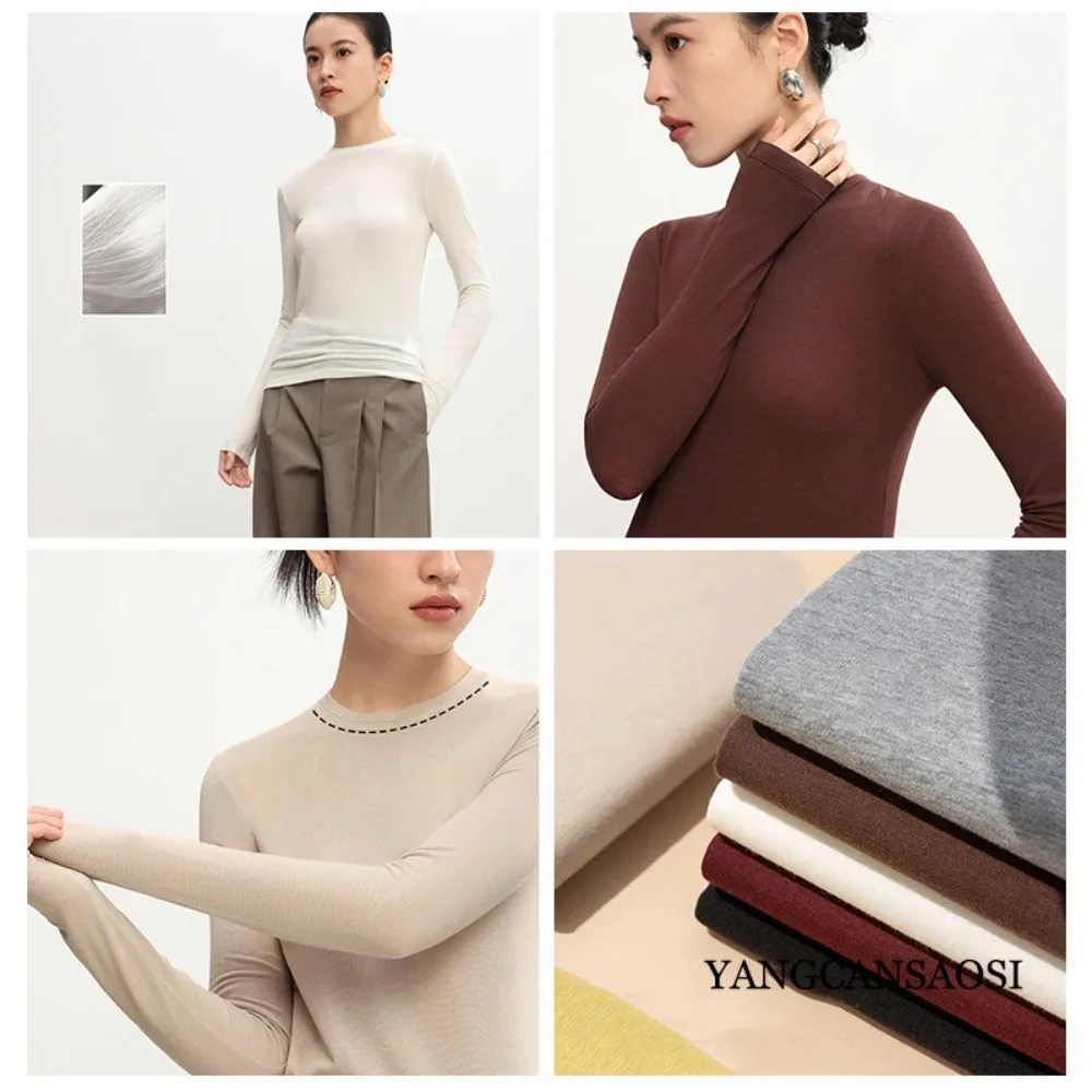 ملابس نسائية أوائل الربيع ناعمة خفيفة ورقيقة 30% صوف خفيفة الوزن ورقبة دائرية وأكمام طويلة بقصة ضيقة سترة قاع صلبة
