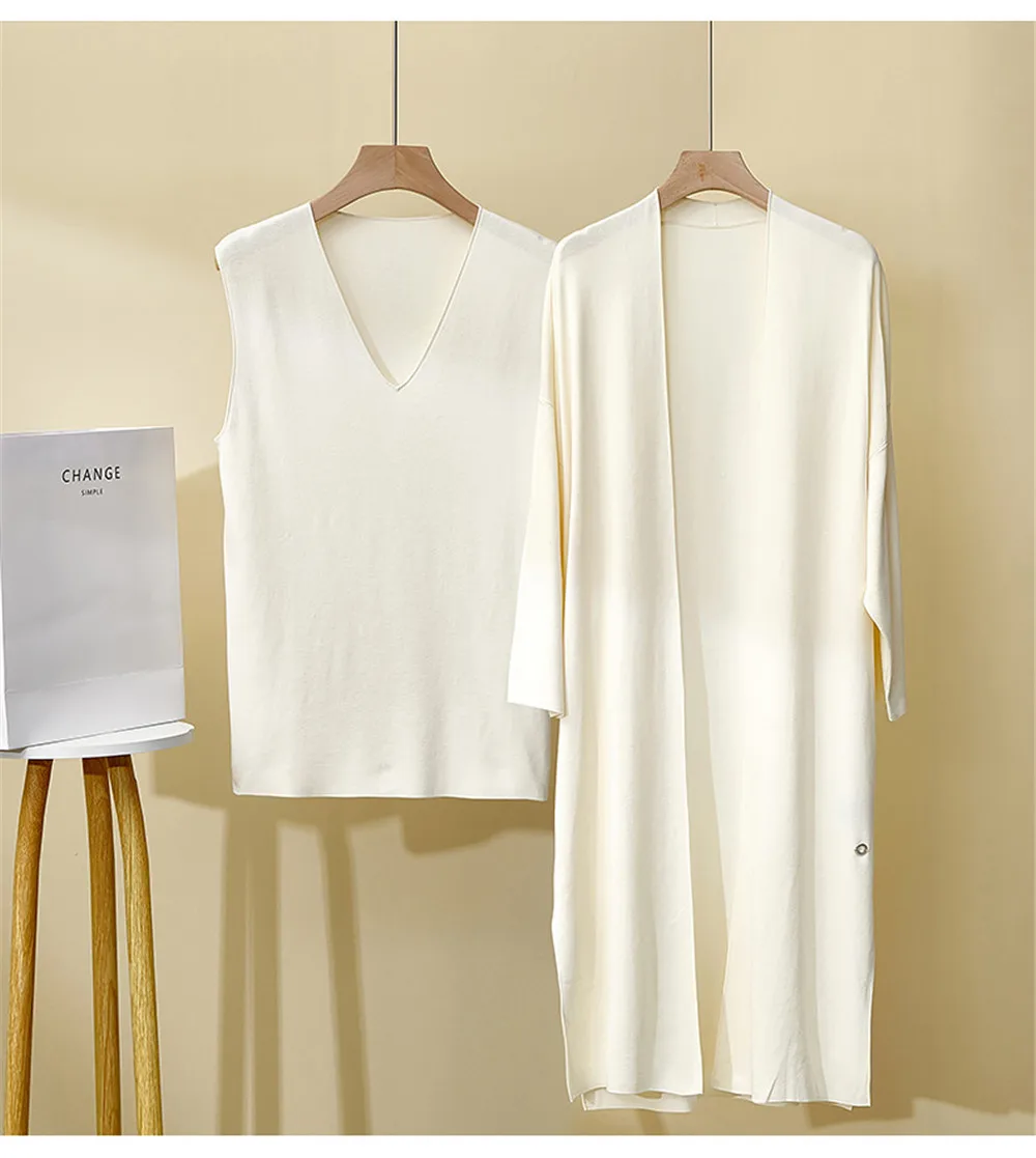 

25 New Women's Silk Cotton Medium Long Loose Long Sleeved Cardigan Jacket+Knitted Sleeveless V-neck Vest Top Two-Piece Set