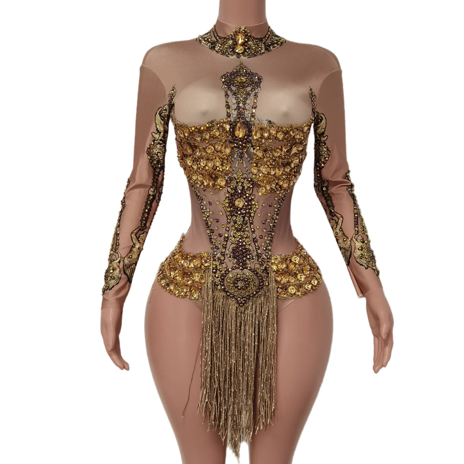 Women's Fashion Bodysuit Pole Dance Fashion Circus Acrobatic Performance Costume Elastic Stretch Golden Rhinestones Club Leotard