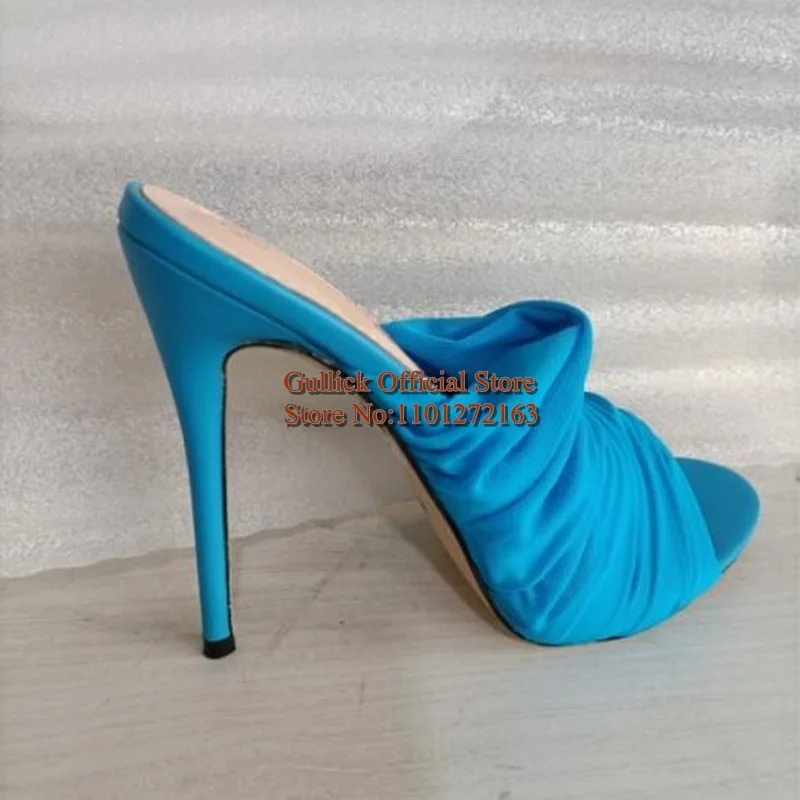 Open Toe Pleated Mules Shoes Black Blue Beige Hollow Cover Heels Women High Heel Sandals Modern Outside Footwear