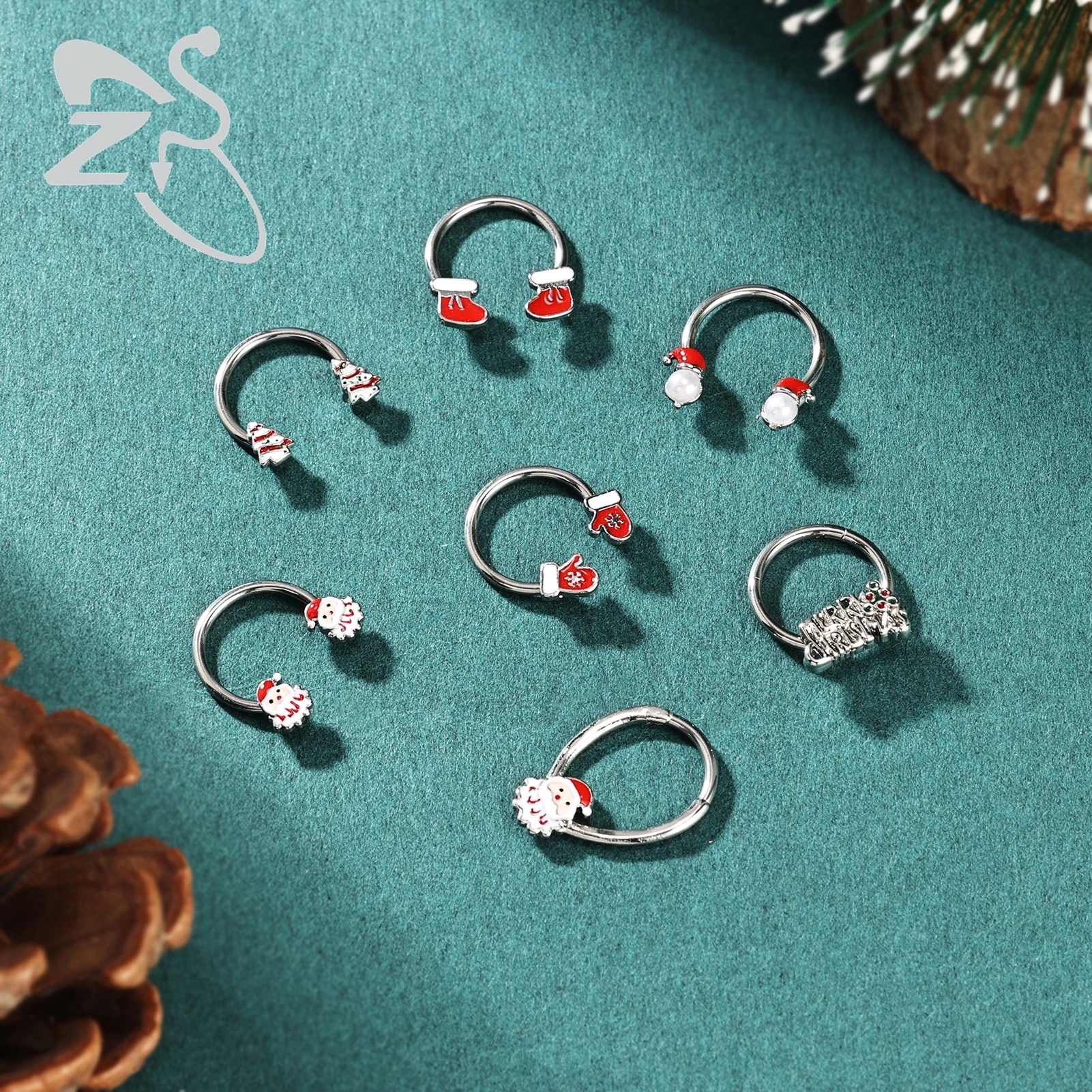 ZS 1PC Choinka Święty Mikołaj Piercing nosa Srebrny kolor Pierścień przegrody Pierścień ze stali nierdzewnej Piercing nosa Chrząstka 16G
