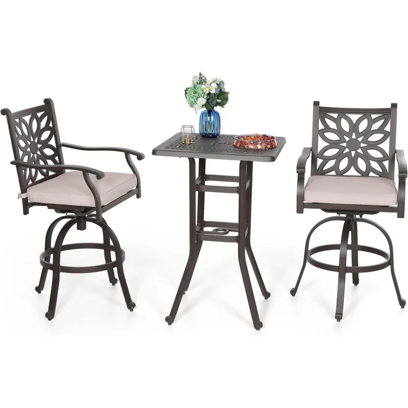 

42 Patio Bar Set – 2 Swivel Stools & Pub Table with 1.96 Hole, All-Weather Bistro Lawn Garden