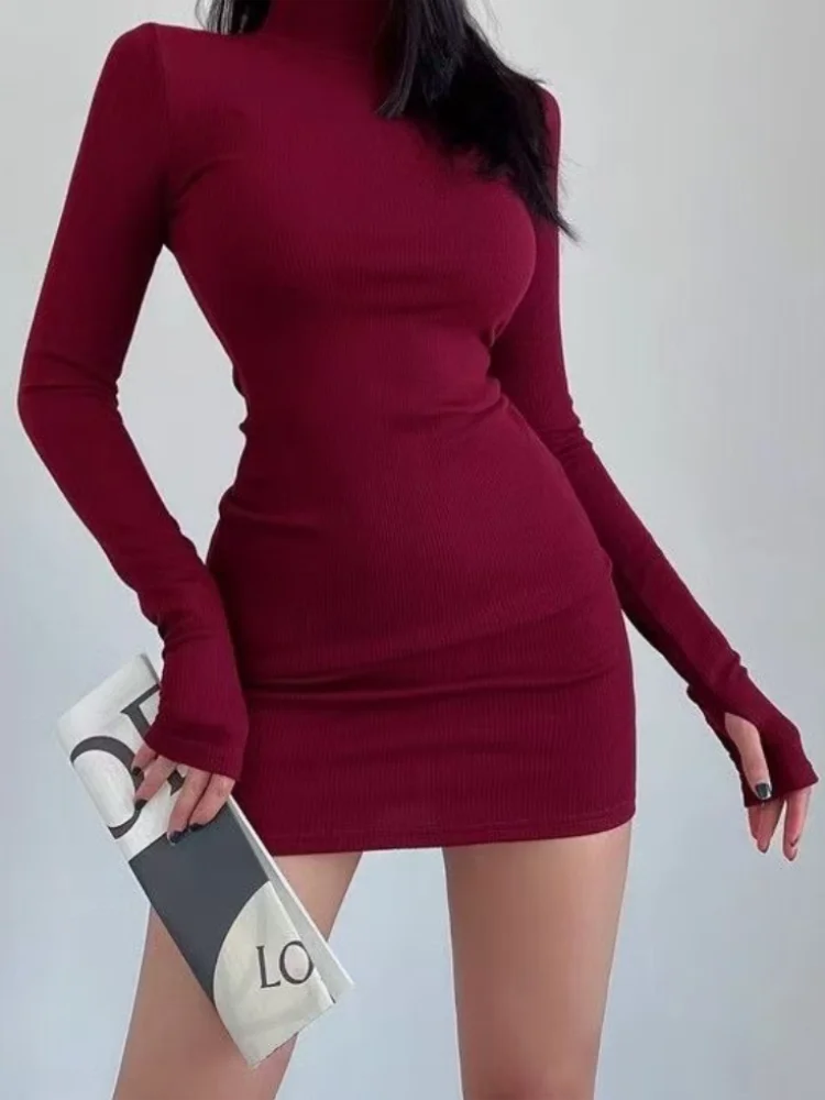 Red Half Turtleneck Mini Dress Women Y2K Long Sleeve Sexy Slim Bodycon Dress Fall Winter Ladies Streetwear Party Club Vestidos - Image 6