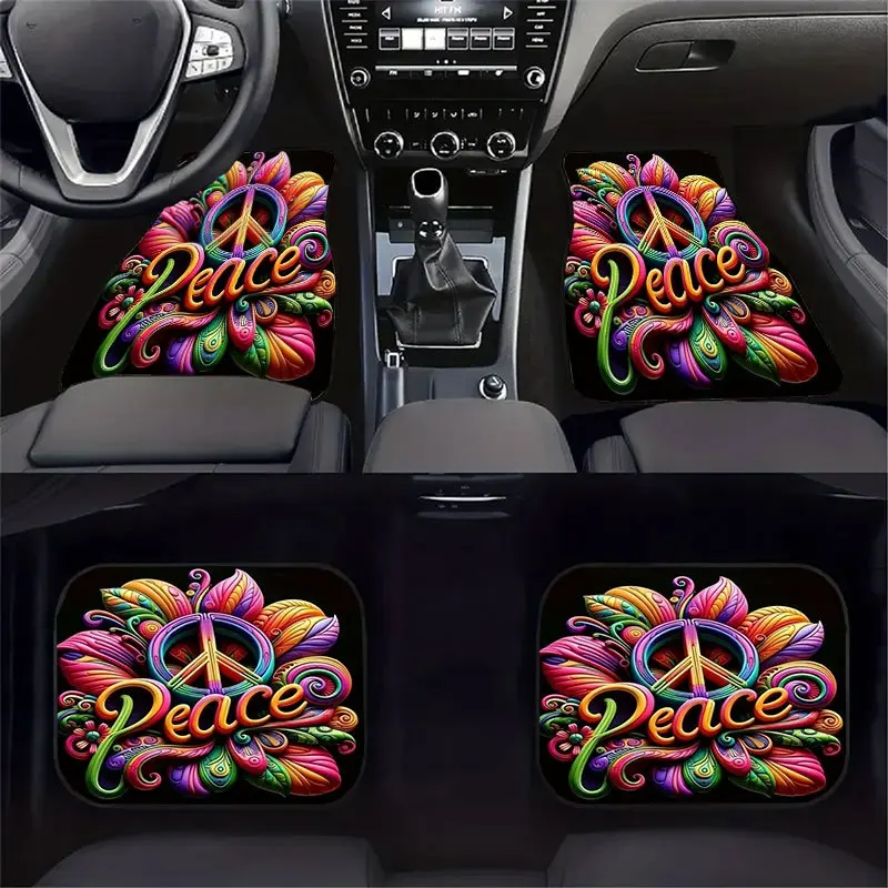 

4pcs of Colorful Peace Logo Car Floor Mat Set, Universal Crystal Velvet Material, Anti-slip and Durable, Effectively Collect Hai