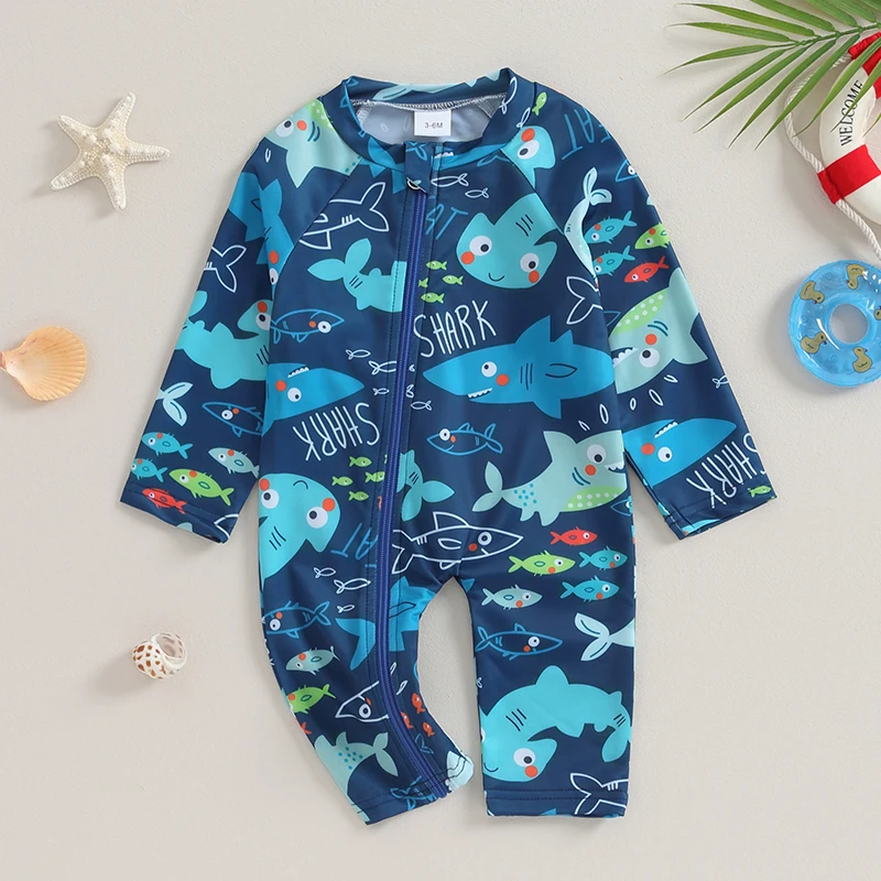 

0-24M Baby Boys Rash Guard Swimwear Newborn Infant Shark Print Long Sleeve Zipper Jumpsuit Swimsuits Toddler Bathing Suits