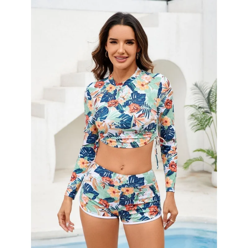 

Floral Print Women Long Sleeve Swimsuit Boyleg Two Piece Rash Guard Swimwear Beach Wear Bathing Suit