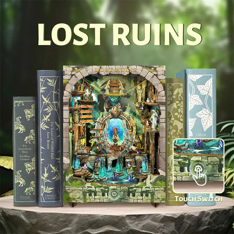 DIY Book Nook Lost Ruins Wooden Miniature Model Kit With Light Bookend 3D Puzzle Bookshelf Home Decor Przyjaciele Prezenty Urodzinowe