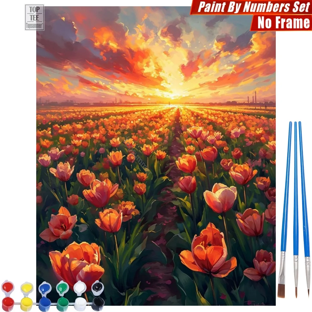 Kit de pintura por números de campo de tulipanes al atardecer - Nubes coloridas y flameantes, actividades relajantes, regalo de San Valentín para novia