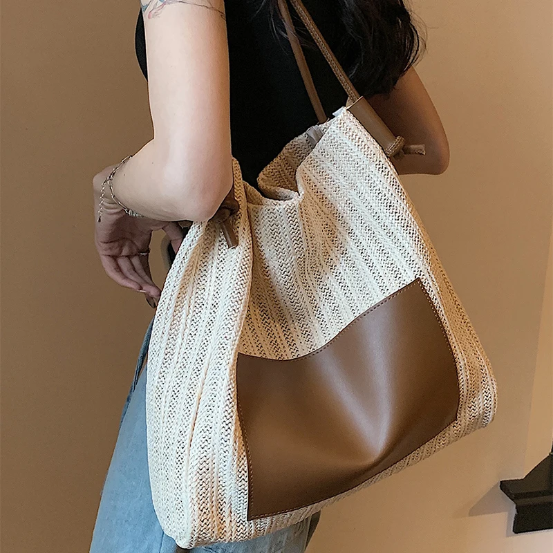 

Vintage Woven Tote Bag Holiday Style Grass Woven Bag Shoulder Bag Female Large Capacity Shopping Bag Beach Bun Mother Hand Purse