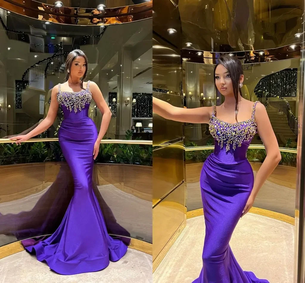 Elegant Plus Size Purple Mermaid Evening Dresses Long for Women Spaghetti Straps Beaded Crystals Floor Length Prom Dress Birthda