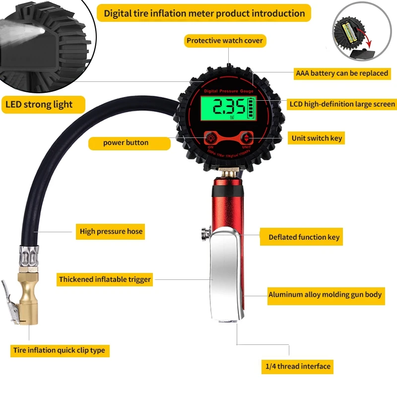 Digital Car Tire Air Pressure Inflator Gauge + Lcd Display LED Backlight Vehicle Tester Inflation Monitoring