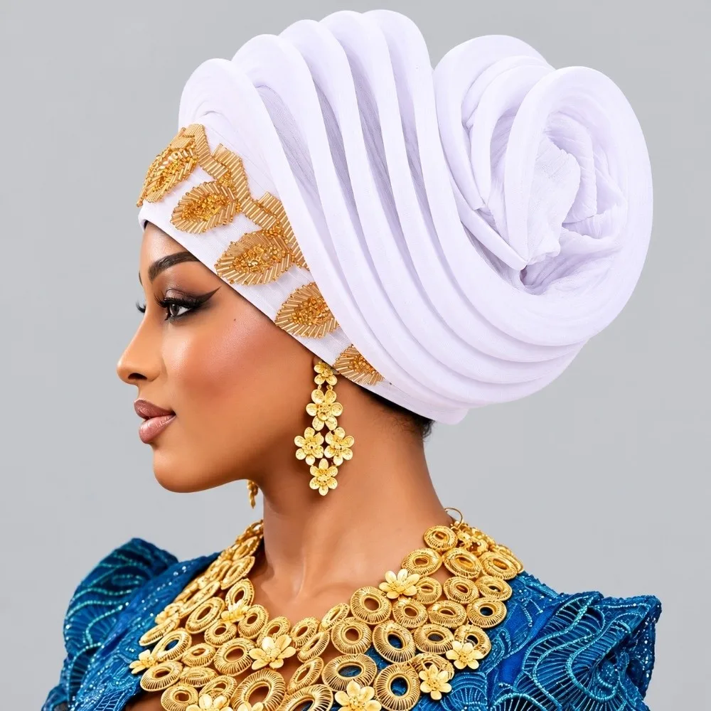 Vintage Shiny African Gele Headwrap Polyester Leaf Yoruba Turban Hat Pre-tied Gold Embellished Traditional Headpiece Daily