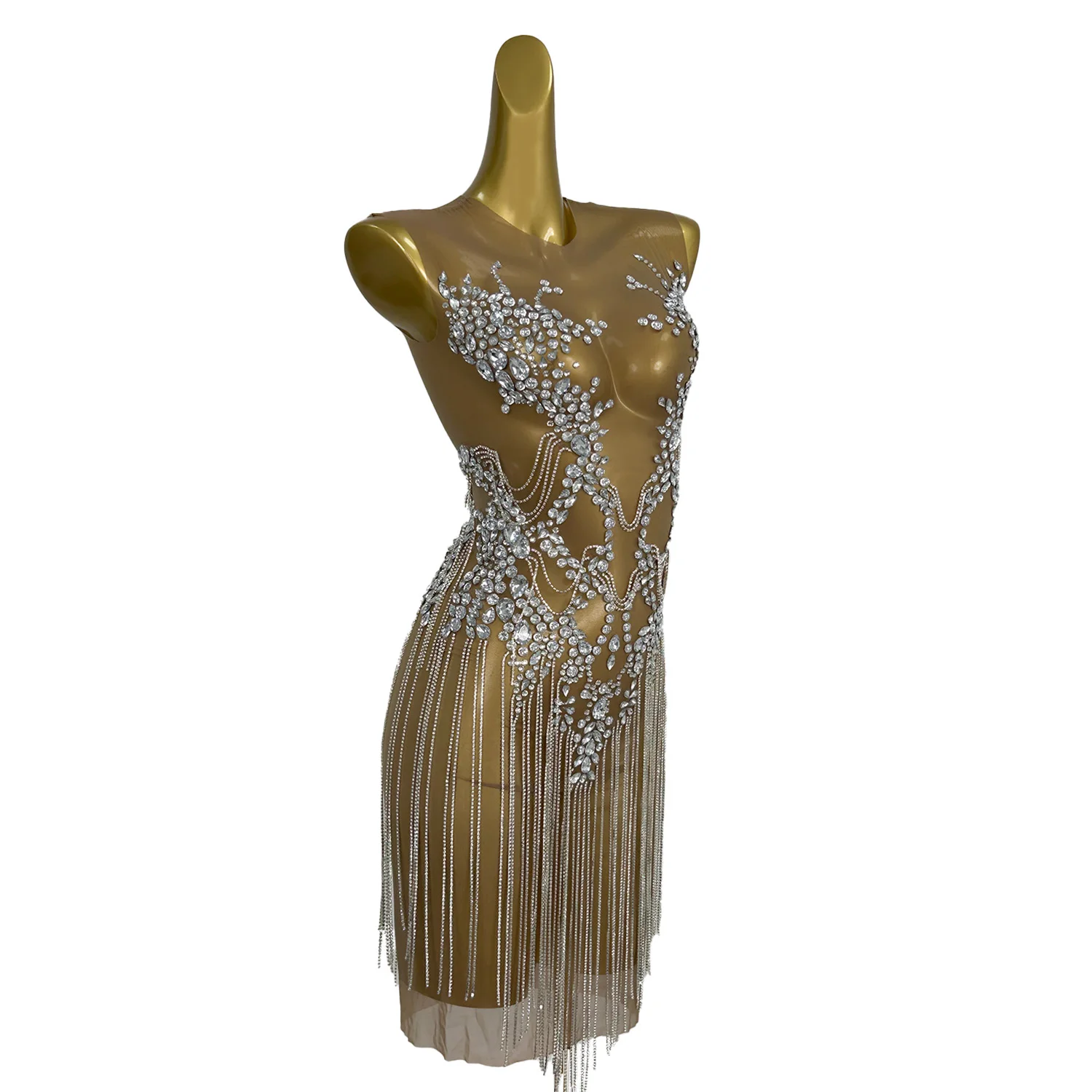 Stage Dance Show strass frange Prom Dress per le donne Sexy Mesh trasparente Performance Dance Costume Zuanhua