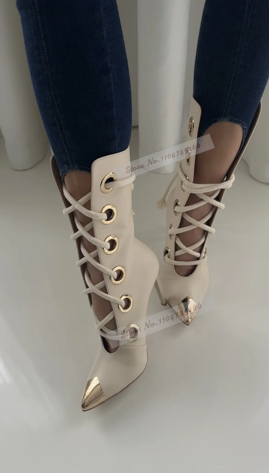 

Beige Matte Golden Metal Steel Tip Toe Ankle Boots Ring Buckle Lace-Up Booties Black Crocodile Patchwork Motorcycle Shoes