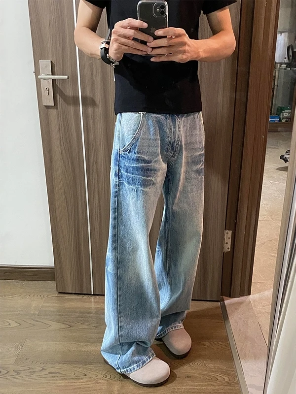 

Retro American Design Washed Blue Jeans Men's Trendy Straight Leg Lightning Pattern Flared Long Pants Casual Youth Fashion