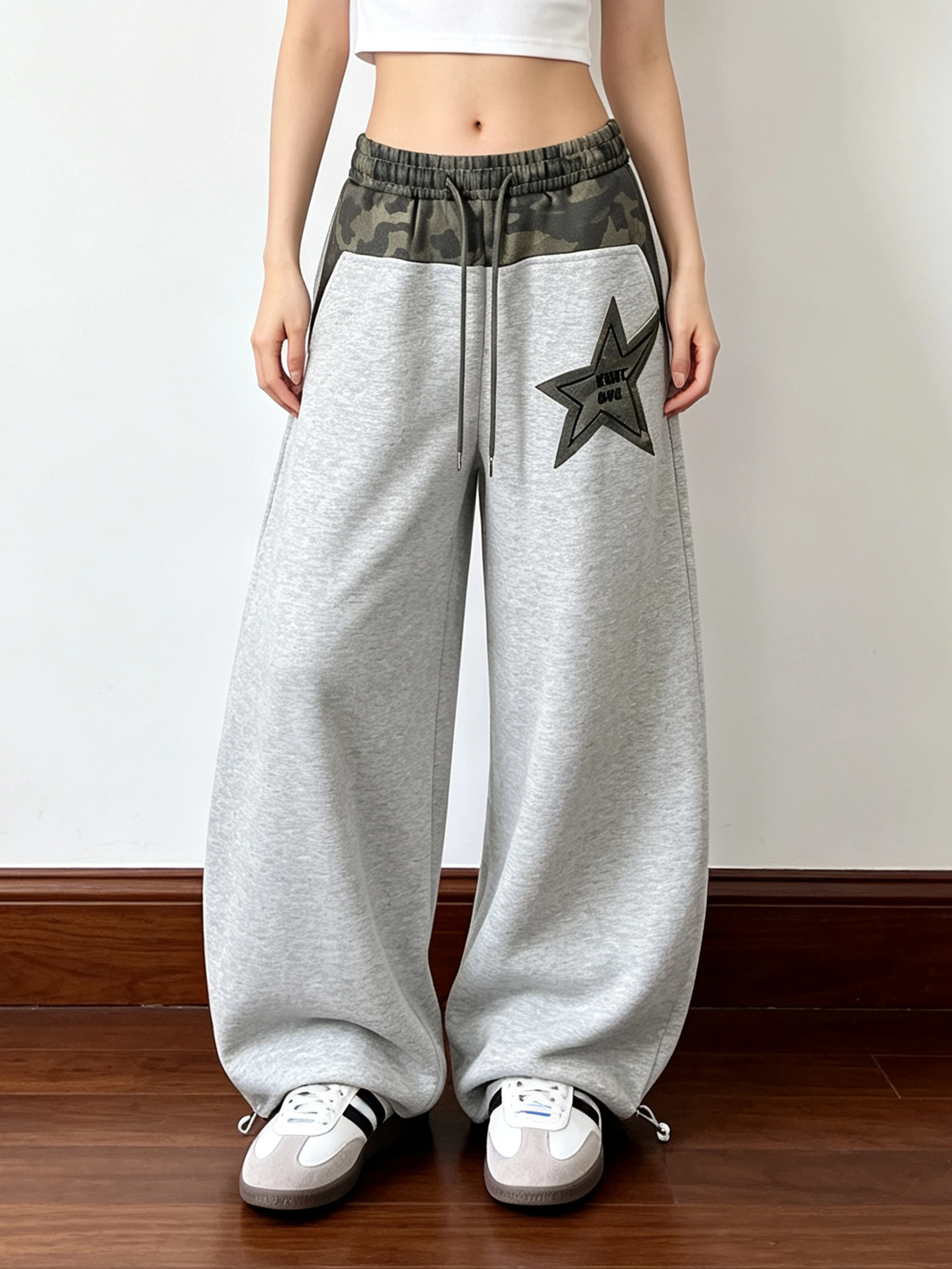 American Street Style Wide Leg Pants Women's Camouflage Patchwork Star Embroidery Drawstring Casual Trousers for Couples