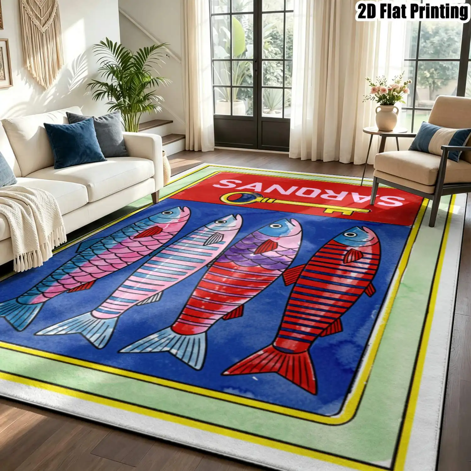 1Pc 2D Printed Retro Fish-Letter Carpet Nordic/Instagram-Style Minimalist Geometric Striped Floor Mat, Machine Washable, Multi-Size. For Home Decor: Entrance, Dining Room, Foyer, Living Room, Bedroom.