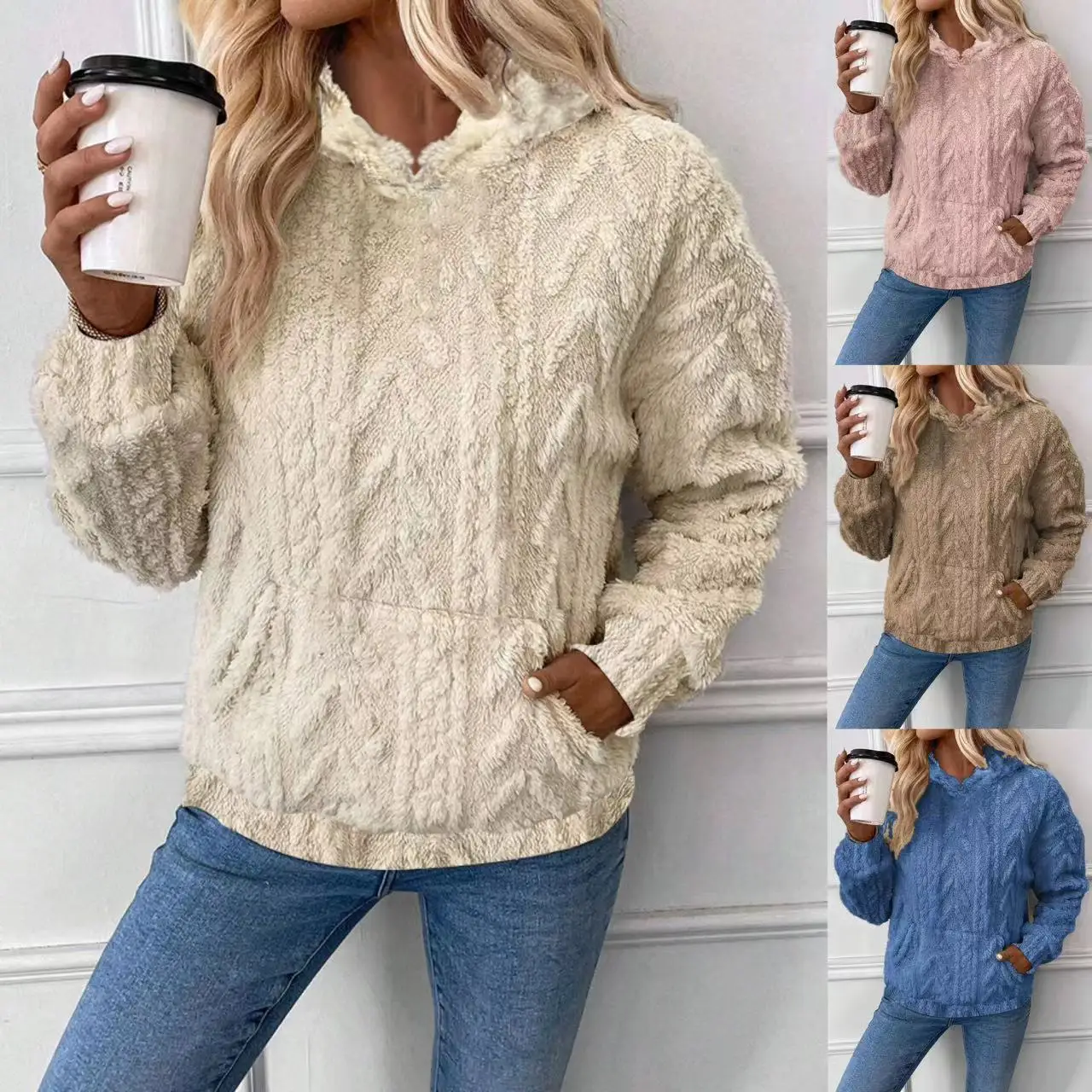 

Winter Plush Hoodies Women's Sweatshirt 2026 Autumn New Long Sleeve Pocket Hooded Loose Warm Pullover Fashion Street Solid Top