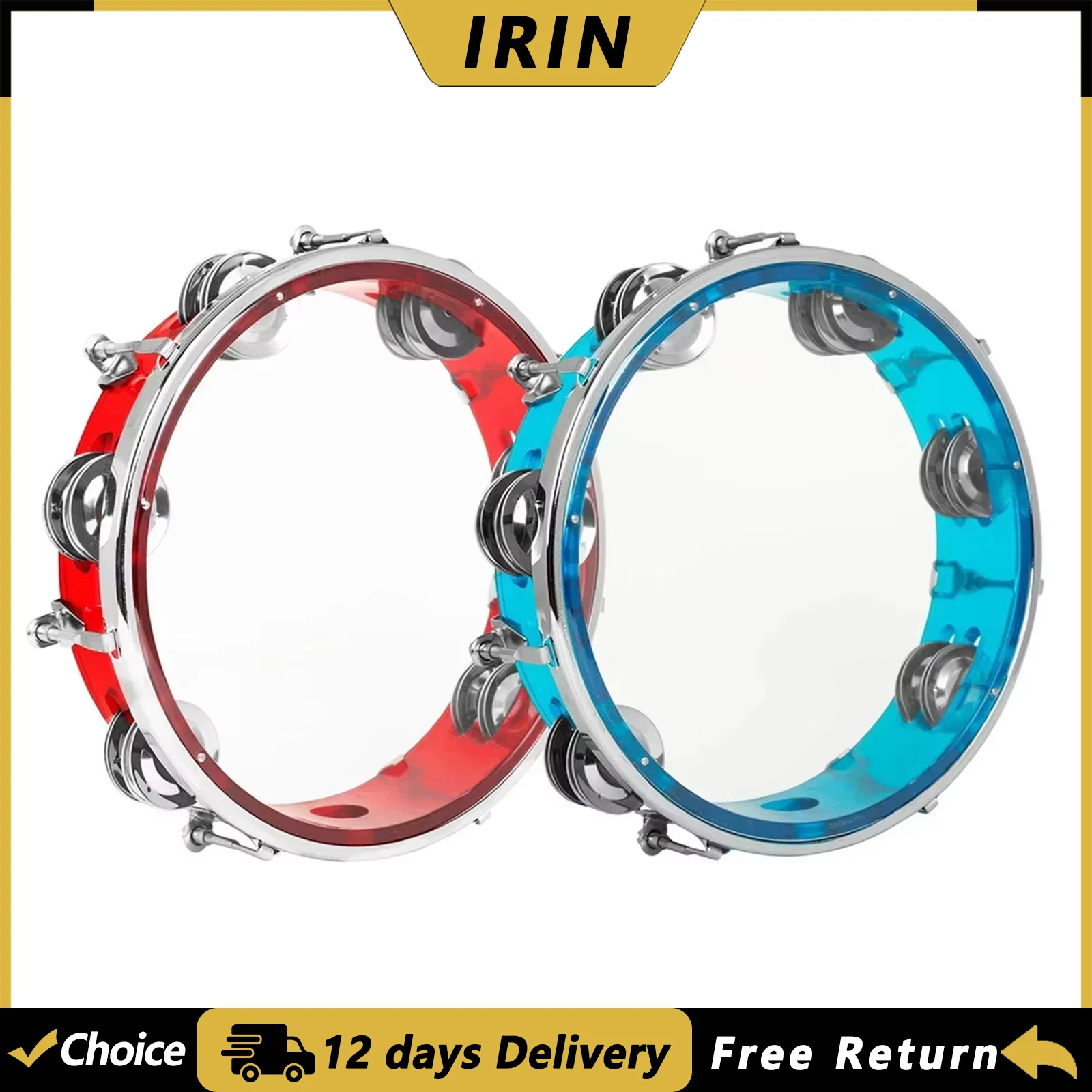 IRIN 8 Inch Tambourine Handbell Hand Drum Self Tuning Double Row Jingles Tambourine Orff Percussion Instrument for KTV Party