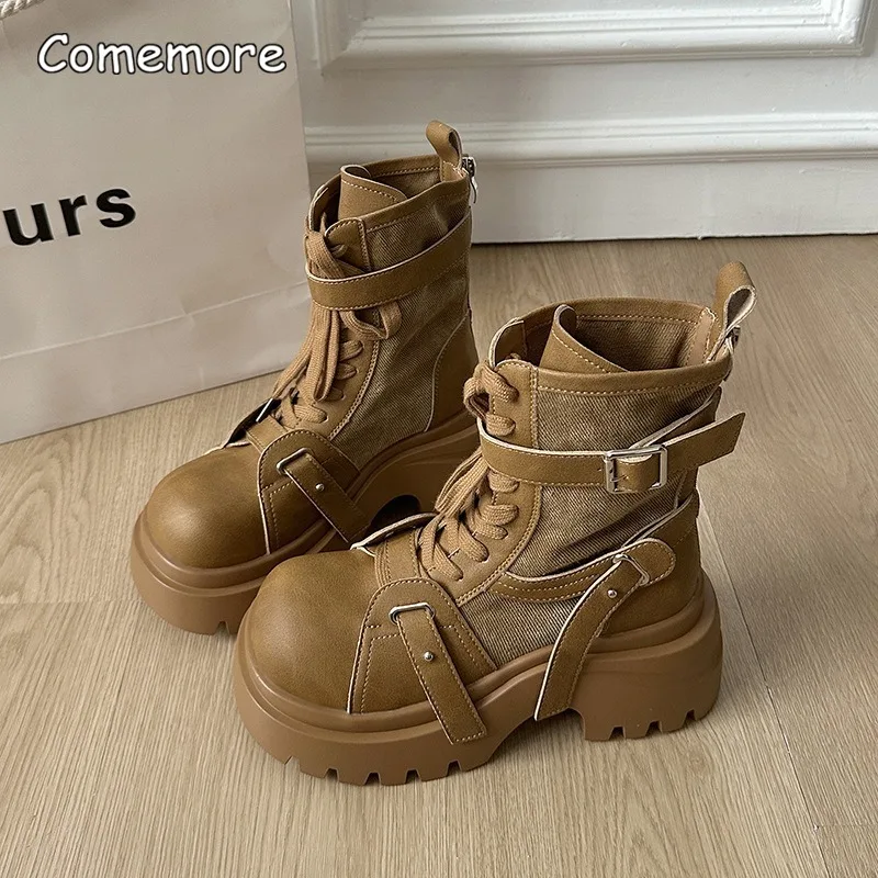 Matte Patent Leather Lace Up Fashion Boots Women Shoes New Retro Motorcycle Short Boots Thick Bottom Work Boots